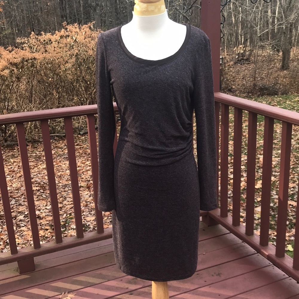 Contemporaine Simmons PS brown wool blend long sleeve ruched dress.